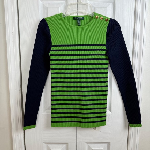Lauren Ralph Lauren Sweaters - Lauren Ralph Lauren Green Navy Ribbed Equestrian Sweater Gold Buttons